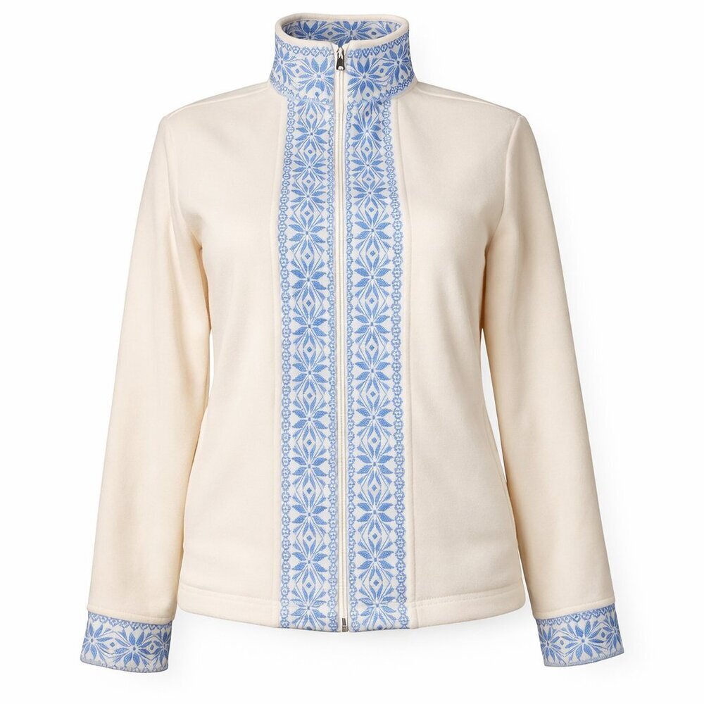 L..L BEAN Fair Isle Full Zip Blue Cream Fleece Jacket Size M